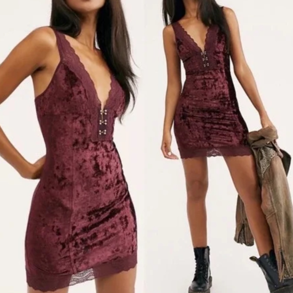 Free People Intimately Womens Wait for It Velvet Lace Trim Mini Dress
